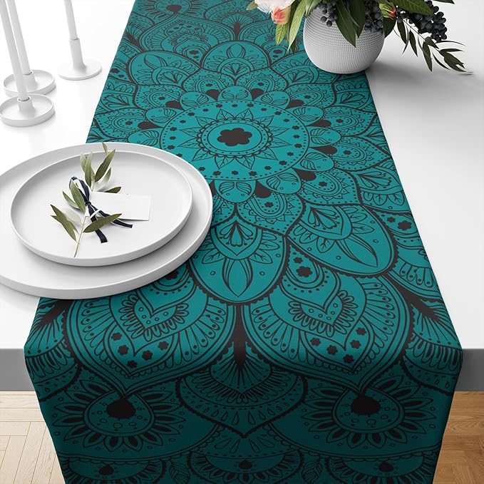 YCness Boho Mandala Table Runners for Dinning Room, Bohemian Mandala Flower, Cotton Linens Green Table Runner Table Cloth for Wedding Party Holiday Home Decor, 13x60 Inch