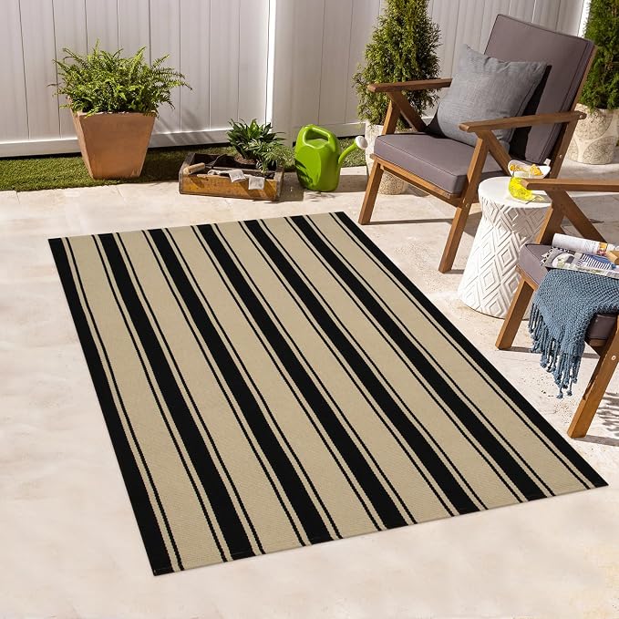 Striped Outdoor Rug 3'x5', Cotton Hand Woven Rug Front Door Mat,Washable Reversible Layered Door Mats, Foldable Front Porch Rug for Entryway/Home Entrance/Farmhouse(Black and Tan)