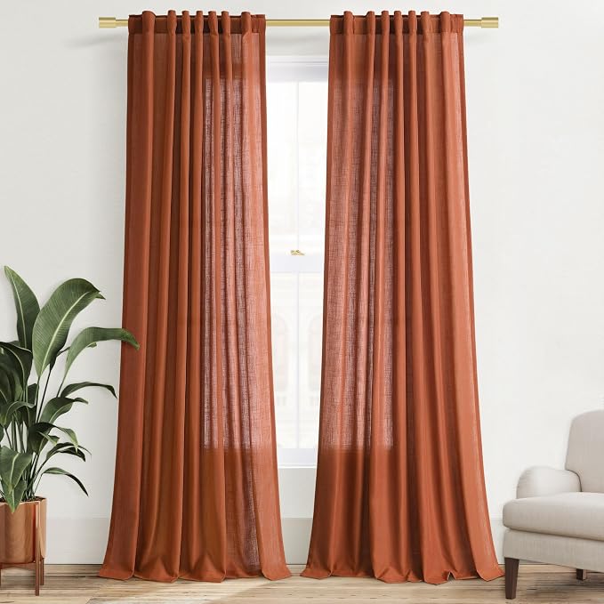 Joywell Linen Curtains 120 Inches Length Long Rod Pocket/Back Tab/Hook Belt/Clip Rings Semi Sheer Window Curtains Boho Farmhouse Drapes for Bedroom Living Room 2 Panels Set,52x120,Terracotta