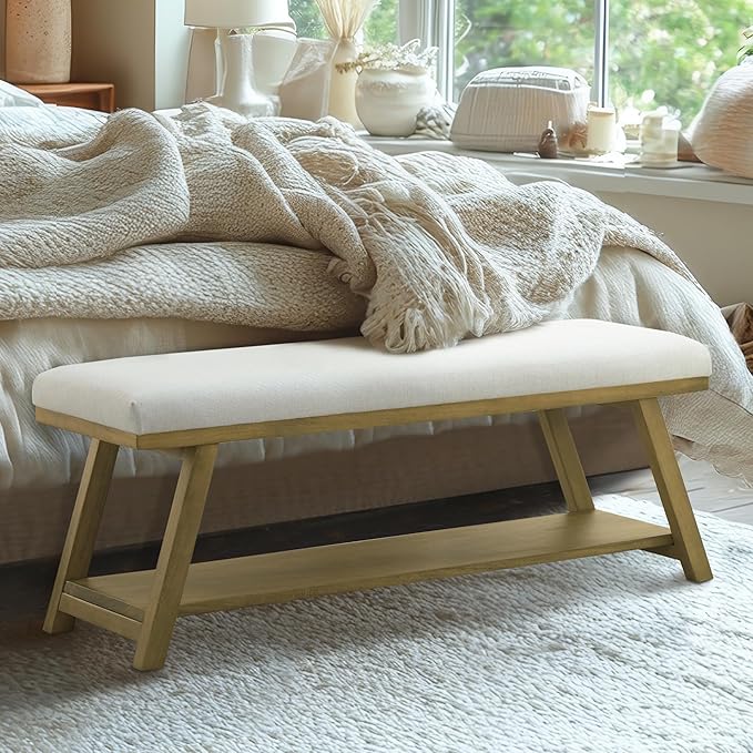 Zihanhome 45" Entryway Bench Upholstered Storage Bench for Bedroom Shoe Rack Bench for Living Room, Hallway, Mudroom, Balcony, Sturdy Indoor Bench Seat Holds Up to 300 lbs (Beige)