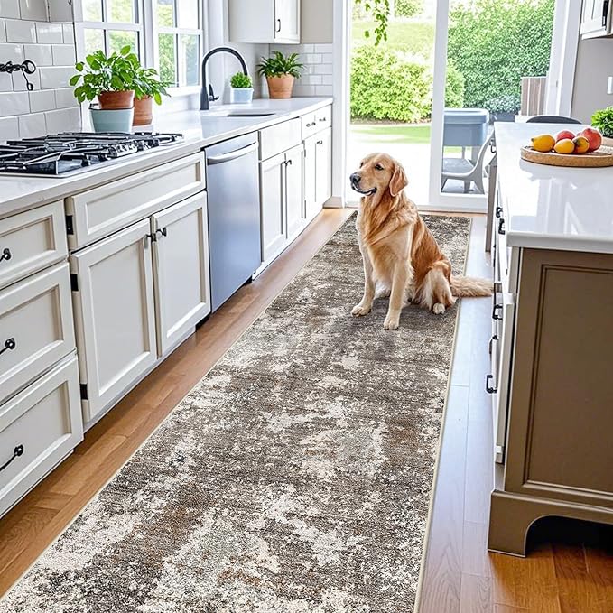 3x12 ft Long Hallway Runner Rug – Non-Slip Washable Carpet Runners for Kitchen Entryway Bathroom Modern Abstract Neutral Low-Pile Thin (Brown Beige,3x12)