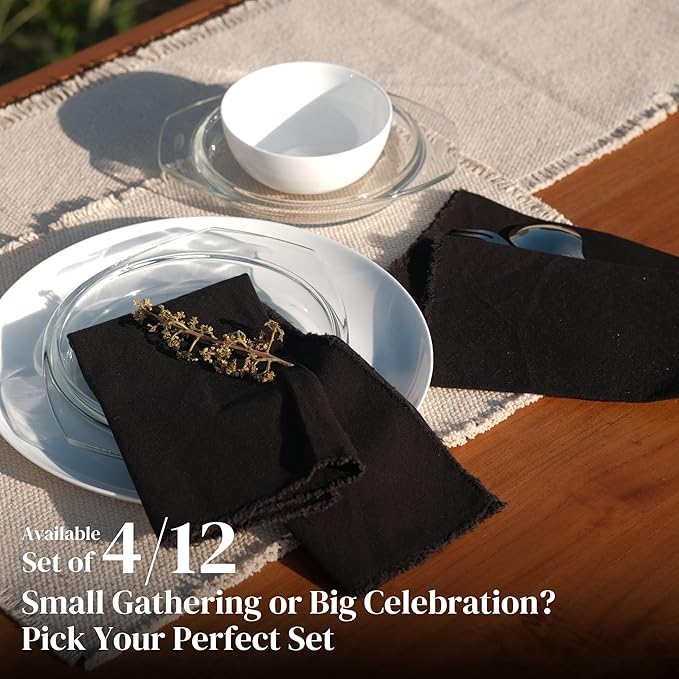 Palisa Premium Cotton Dinner Napkins Set of 4 | Black Frayed Edge Rustic Farmhouse Table Linen | Soft Washable Long Lasting Durable Cloth Serviettes for Wedding Dining Decor 18x18 Inch
