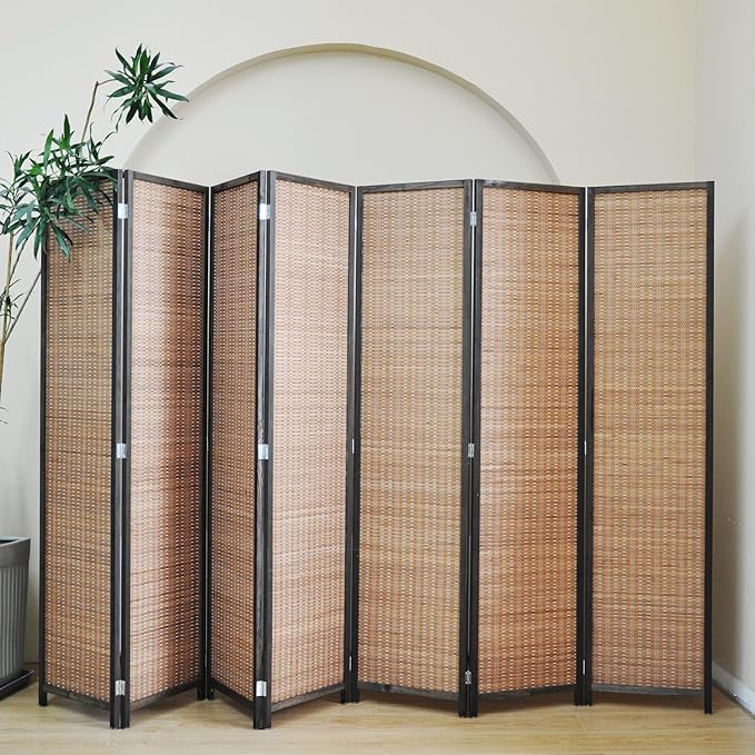 Furnnylane 7 Panel Bamboo Room Divider - 5.6 ft Tall Folding Privacy Screen, Natural Brown Freestanding Partition Wall for Home Office & Room Separation (67" H x 107.5" W)