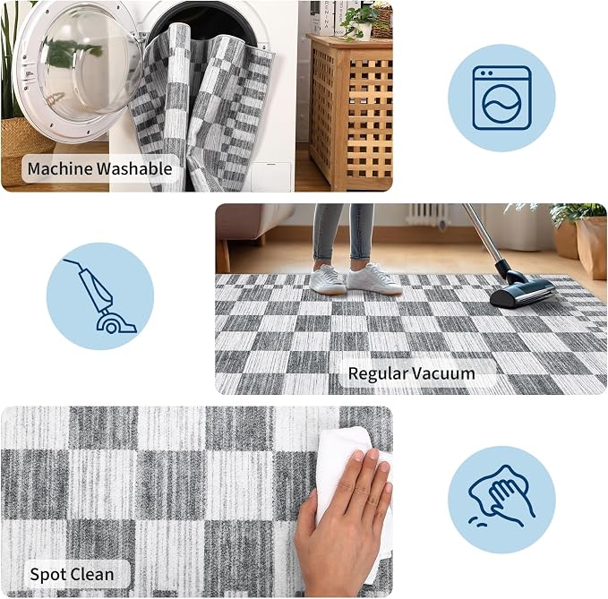 GarveeHome 2×5 Kitchen Runner Rug Non Slip,Grey Checkered Rug,Washable Runner Rug for Hallway Soft Low-Pile Geometric Checkerboard Rugs for Entryway Kitchen Dining Room