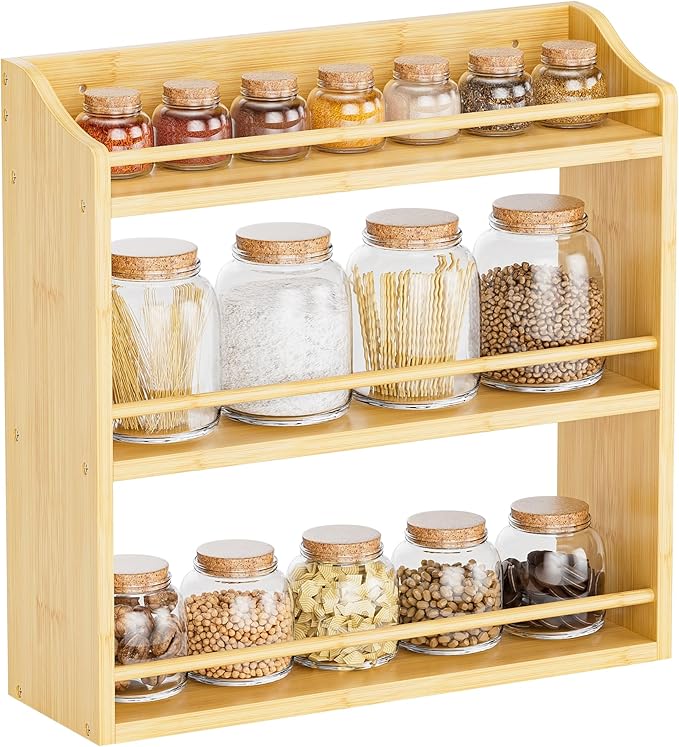 STELLSTAR Spice Rack Wall Mounted, Spice Organizer for Counter, Bamboo Spice Storage Holder for Kitchen Cabinet, Pantry (Spice Jars Not Included, Natural)