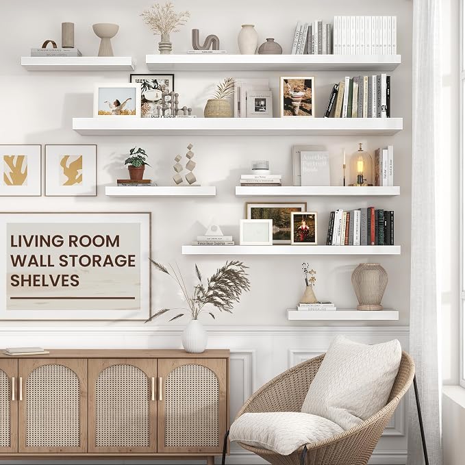 Venusmiles Floating Shelves for Wall 48 inch Long, Engineered Wood Wall Shelves with Invisible Brackets for Living Room Bedroom Bathroom Office Kitchen Decor and Storage, White Finish, Set of 2