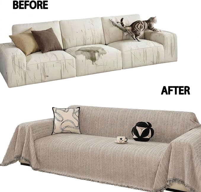 Chenille Couch Cover for Sofa Non Slip Cover Washable Pet Scratch Couch Covers Tassel Sofa Slipcover for 3 Cushion Couch Furniture Protector Blanket for Living Room,Camel Brown 71"x134"