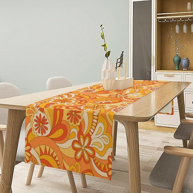 Vintage Groovy Florals Table Runner Nostalgic Retro Hippie 70s Wavy Abstract Flowers Dinner Runner for Home Kitchen Dining Table Holiday Party Decor 13"x108"