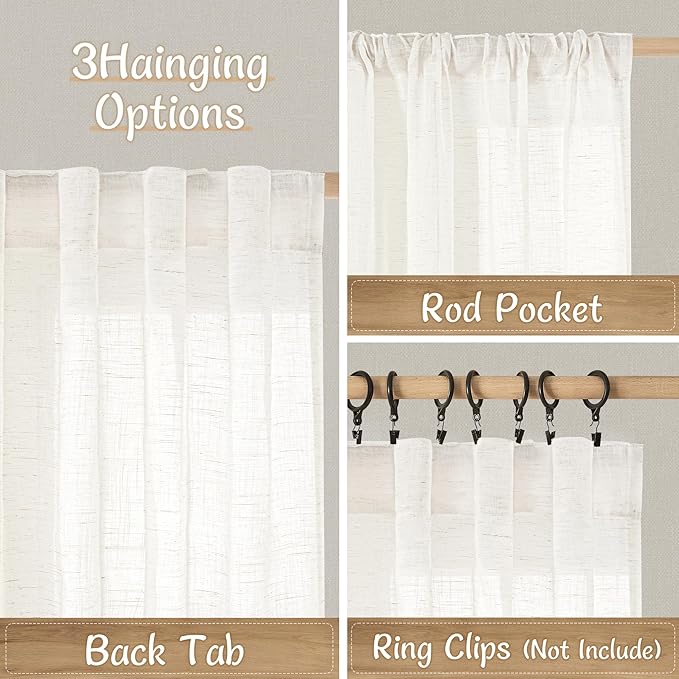 LAMIT Natural Linen Curtains for Small Windows 45 Inch Length, Light Filtering Short Window Drapes Back Tab and Rod Pocket Sheer Curtains for Bathroom/Bedroom/Basement, Set of 2, 34 x 45 Inch