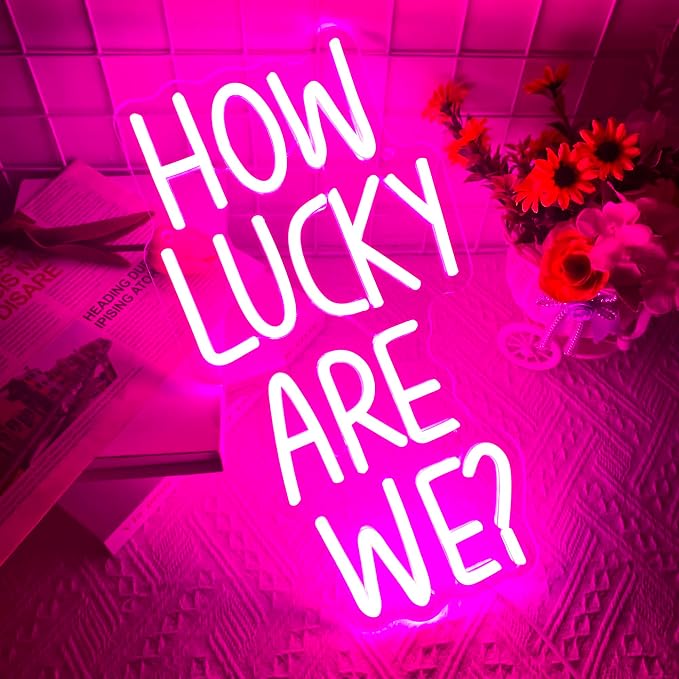 How Lucky Are We Neon Sign, Romantic Quote Pink Anniversary Quote Neon Sign LED Wedding Backdrops Engagement Party Neon Light, for Motivational Wall Decor Inspirational Quote(15.3 * 8.2 In)