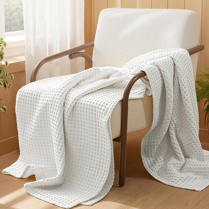 Exclusivo Mezcla Pre-Washed 100% Cotton Waffle Blanket King Size for Bed, 330GSM Lightweight Breathable Summer Blankets, Soft and Cozy, Home Decor, Pure White, 104x90 Inches