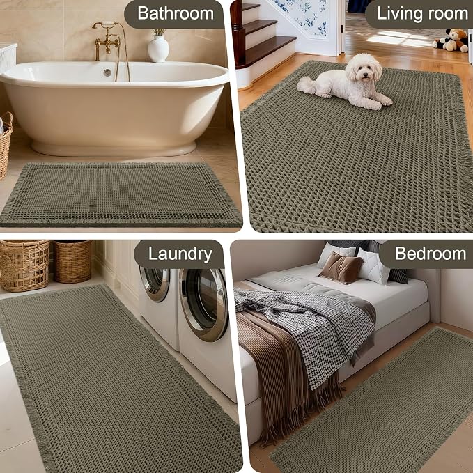 Extra Large Waffle Bath Mat, 5'x2' Greyish Green-Bordered, Super Absorbent Non-Slip Quick Dry Bathroom Rugs with Tassels, Machine Washable Ultra Soft Boho Bath Rugs, Toilet Mats Boho Farmhouse Decor