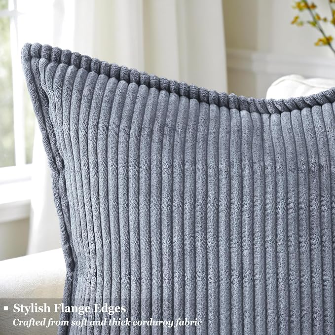 decorUhome Summer Corduroy Blue Grey Throw Pillow Covers 12x20 Set of 2 Decorative Soft Boho Farmhouse Lumbar Couch Pillow Covers for Living Room Bed Sofa Broadside Striped Pillow Cases