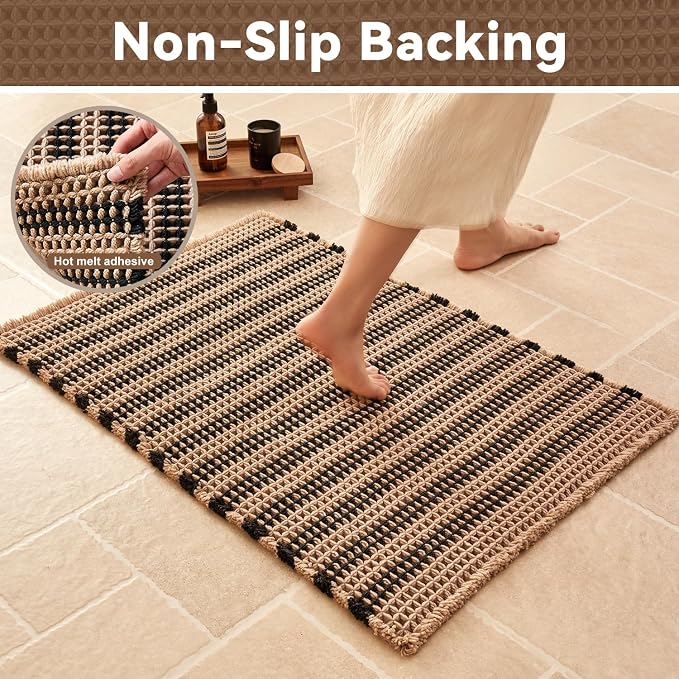 Triohero Waffle Runner Bath Mat - Long Bathroom Rugs Non Slip Washable, Ultra Soft Super Absorbent Quick Dry Boho Farmhouse Bathroom Decor, 24" x 60"', Khaki & Black