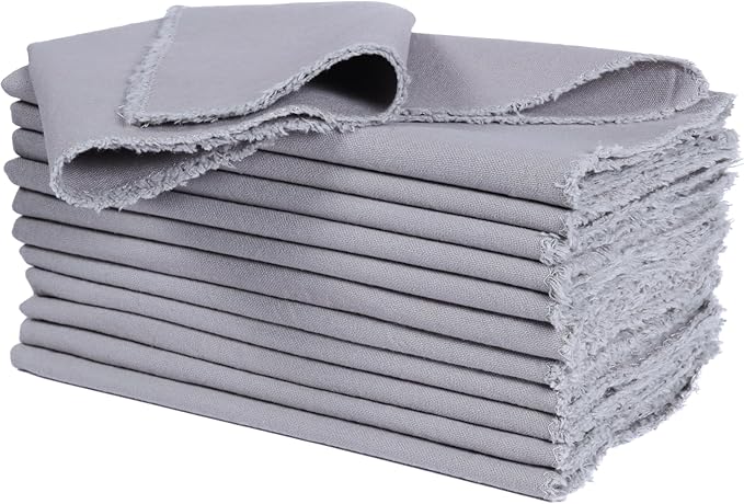 Palisa Premium Cotton Dinner Napkins Set of 12 | Grey Frayed Edge Rustic Farmhouse Table Linen | Soft Washable Long Lasting Durable Cloth Serviettes for Wedding Dining Decor 18x18 Inch