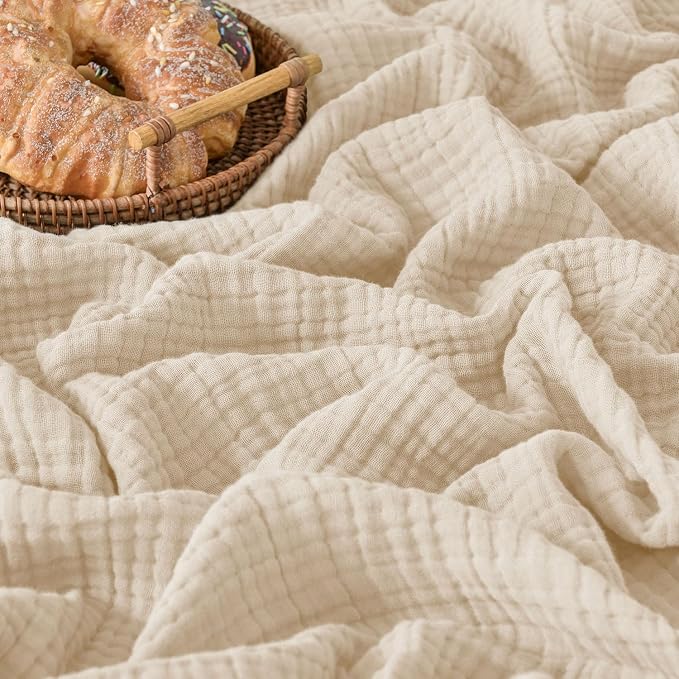 Esterra Muslin Blanket Queen Size Cozy Soft Lightweight Pre-Washed Cotton Blanket, All Season Breathable 4-Layer Gauze Blanket Throw for Couch Bed, Neutral, 90x90 Inches