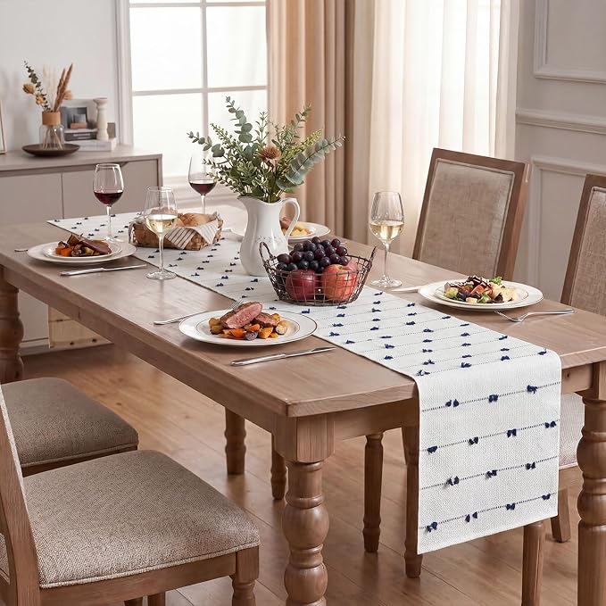 Artoid Mode Dark Blue Boho Farmhouse Cotton Woven Table Runner, Seasonal Summer Kitchen Dining Table Decoration for Home Party Decor 12x108 Inch