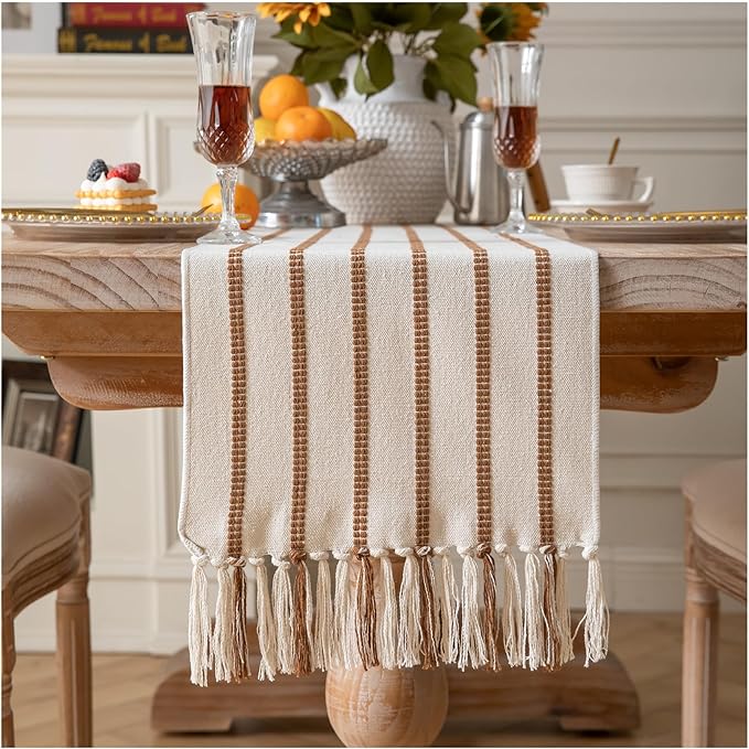 Caflife Boho Table Runner 108 Inchs Long Brown and Beige, Cotton and Linen Woven with Tassels, for Modern Rustic Farmhouse Neutral Table Runners, Bohemian Kitchen Dining Table Home Decor