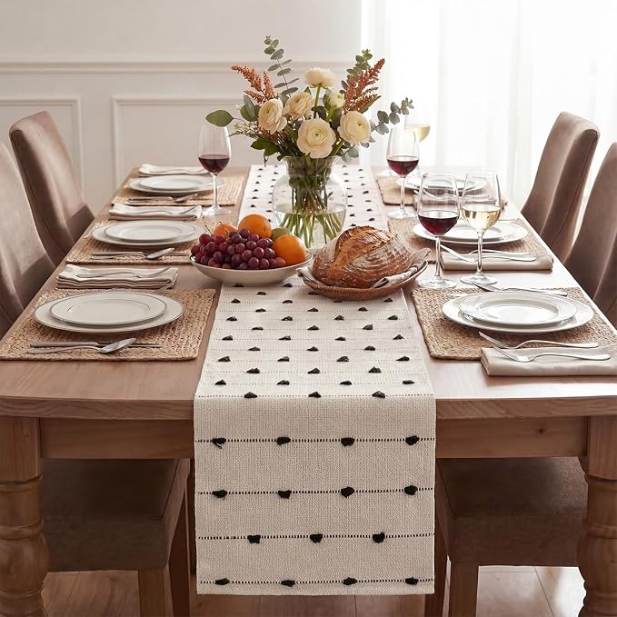 Artoid Mode Black Boho Farmhouse Cotton Woven Table Runner, Seasonal Halloween Kitchen Dining Table Decoration for Home Party Decor 12x90 Inch