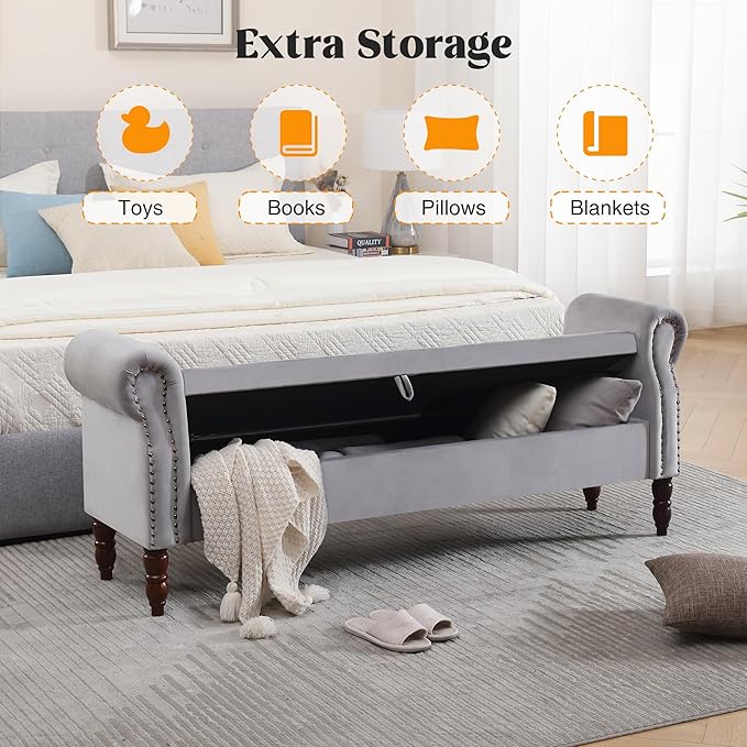 67" End of Bed Bench King Size, Storage Bench for Bedroom Foot of Bed, Velvet Bed Bench with Storage, Upholstered Tufted Bench with Arms for Bedroom, Living Room, Entryway, Grey