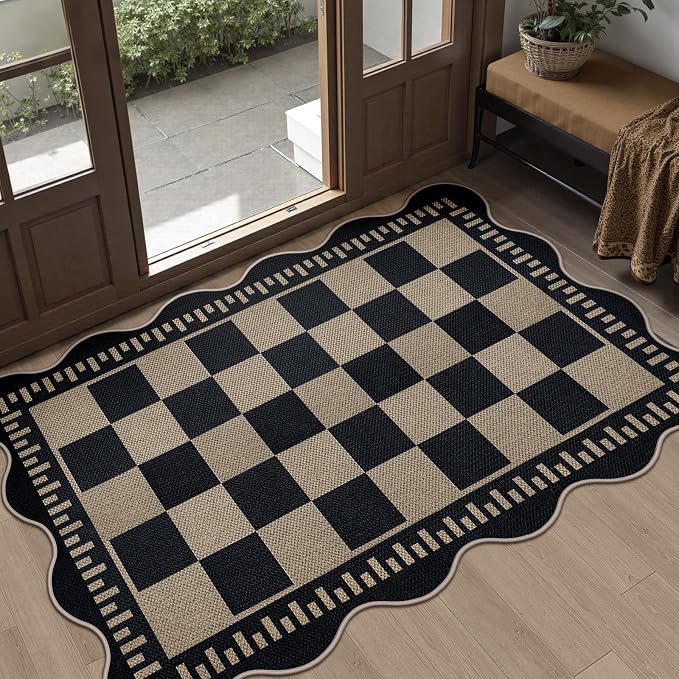 Checkered Easy Jute Front Door Mat, 2.6x4 Washable Entryway Rug Non Slip Small Kitchen Rug, Farmhouse Low Pile Floor Scalloped Rugs for Doorway Porch Bathroom