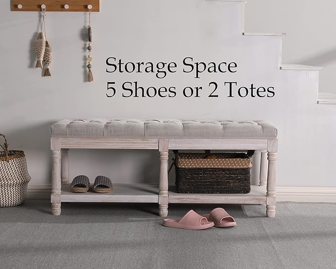 Farmhouse Storage Bench Wooden Entryway Upholstered Tufted Ottoman Bench for Bedroom End of Bed Hallway Organizer, Beige