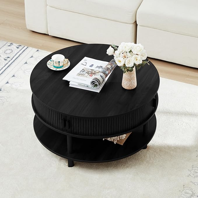 XUZENEST 31.5” Round Coffee Table with Storage, Mid Century Modern 2 Tier Coffee Table with Tambour Sliding Door, Solid Wood Legs Fluted Center Table for Living Room Home Office Small Space, Black