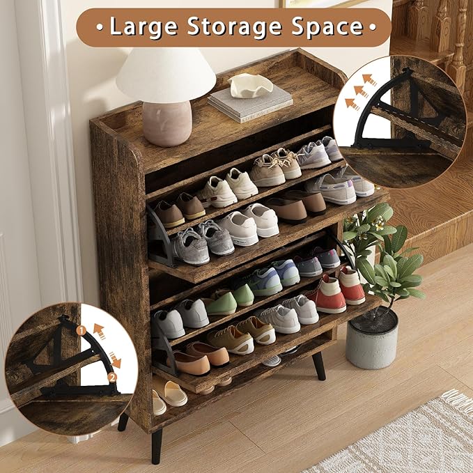 Shoe Storage Cabinet for Entryway, Set of 2, Hidden Shoe Cabinet with 2 Flip Drawers, Narrow Slim Shoe Cabinet for Hallway, Free Standing Wooden Shoe Organizer Shoe Rack, Rustic Brown