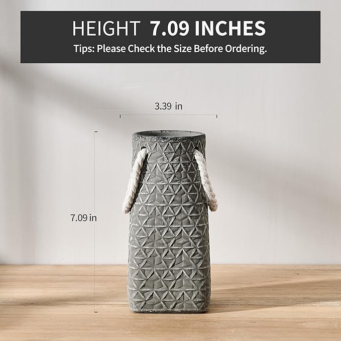 Vaseking Elegant Petite Vase, 7 inch Ceramic Modern Minimalism Geometric Texture Purse Vase with Hanging Rope, Creative Tote Bag Vases for Home Decor, Living Room, Wedding, Bookshelf Decor, Gray