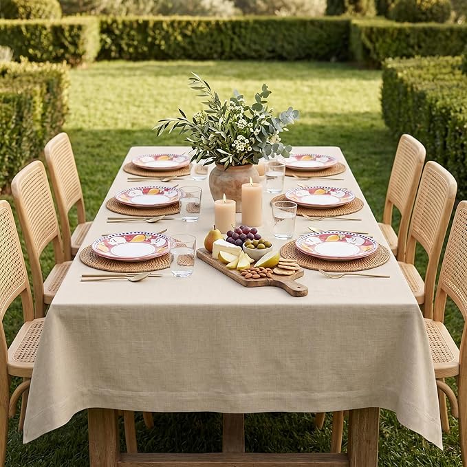 Solino Home Linen Natural Tablecloth 60 x 108 Inch - 100% Pure Linen Rectangular Tablecloth - Machine Washable Table Cloth for Summer - Fete