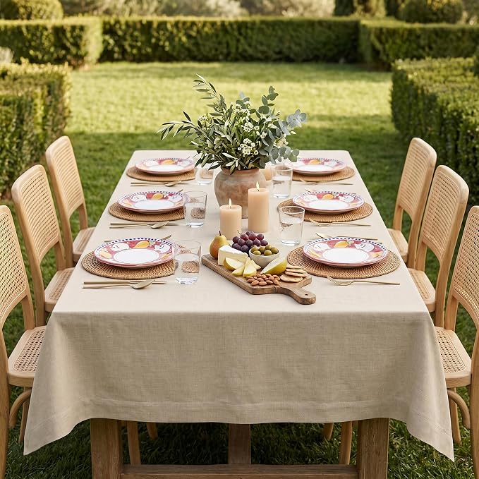 Solino Home Linen Natural Tablecloth 60 x 132 Inch - 100% Pure Linen Rectangular Tablecloth - Machine Washable Table Cloth for Summer - Fete