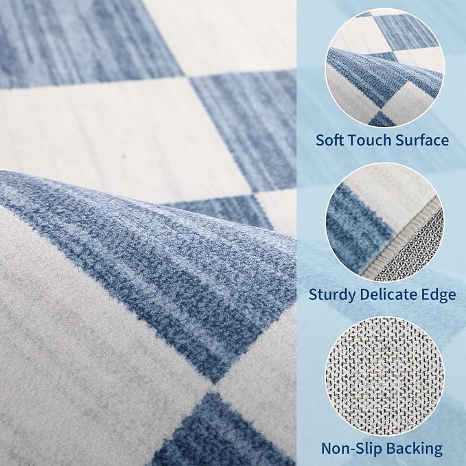 GarveeHome Dark Blue Checkered Rug 2x3 Washable Rug Non-Slip for Entryway, Soft Low-Pile Small Area Rugs,Neutral Modern Geometric Rugs for Kitchen