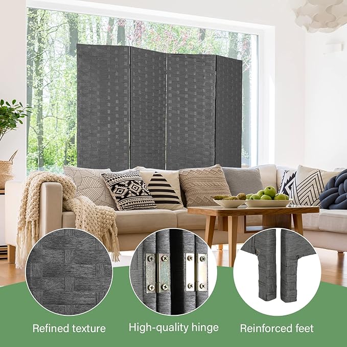 FDW Room Divider Wood Screen Mesh Woven Design Folding Portable Partition Screen Wood for Home Office (4 Panel, Gray)