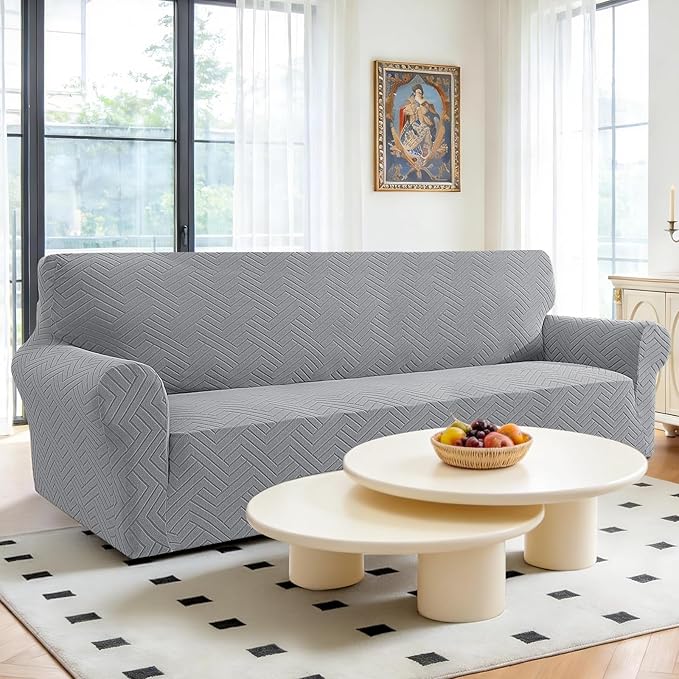 Stretch Sofa Slipcover 3 Cushion Couch X-Large Sofa Cover,91"-110" Non Slip Soft Couch Sofa Cover Washable Furniture Protector with Non Skid Foam and Elastic Bottom for Kids, Pets,Light Gray