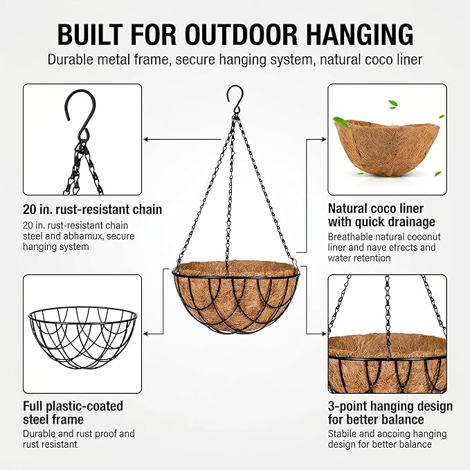 Kingbuy 12 Inch Metal Hanging Planter Basket 2 Pack - with Coconut Fiber Liners, Rustproof 3-Chain System, Quick Drainage for Indoor/Outdoor Window Balcony Patio, Weather-Resistant Coating