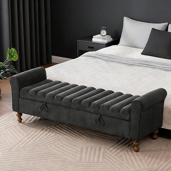 Chifee & Vingol 65" Storage Ottoman Bench Upholstered End of Bed Bench Modern Entryway Benches Window Benches for Bedroom Living Room Entryway,Charcoal