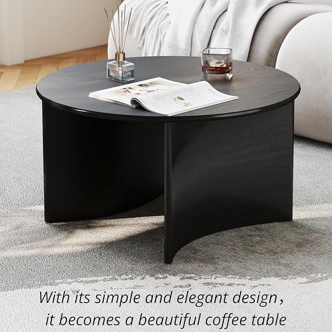 ROCITY 31.5'' Round Coffee Table, Black Circle Coffee Table with Curved Base, Solid Wood, Ideal for Living Room, Apartment, Compact Place