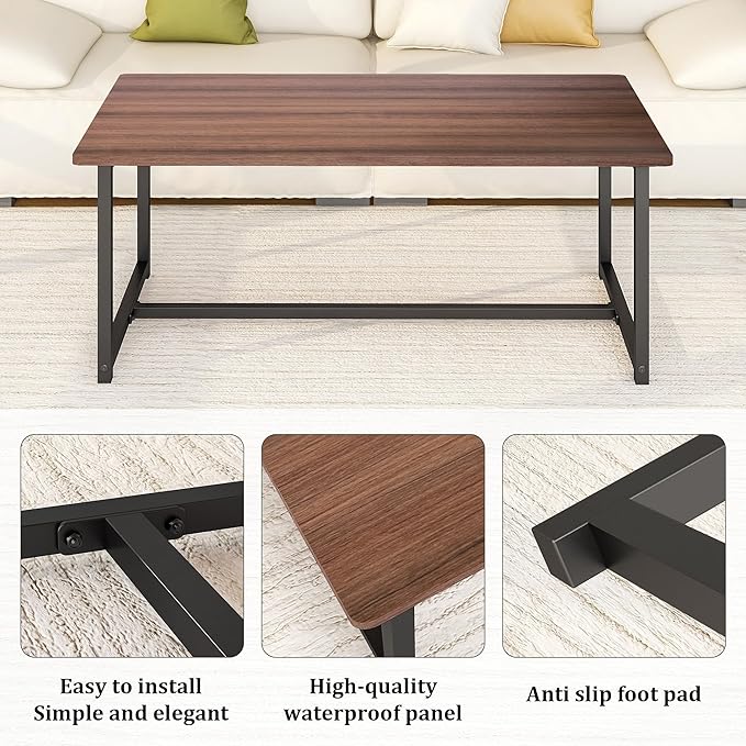 Walnut Coffee Tables Rectangular Center Table for Living Room Open Space Side Table with Metal Frame,Mid Century Modern Design,Easy Assembly,Wood Coffee Table