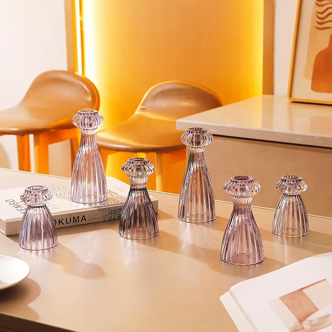 Lysenn Glass Candle Stick Holder Set of 3 – Premium Taper Candle Holders for Romantic Ambiance - Candle Sticks Holder Decor for Special Occasions - Purple