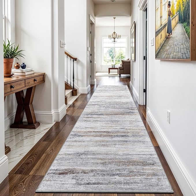 3x11 Washable Runner Rug for Hallway: Extra Long Runners for Entryway Living Room Dining Room - Stain and Water Resistant Rugs with Non-Slip Backing - Soft Low-Pile Carpet Beige Grey