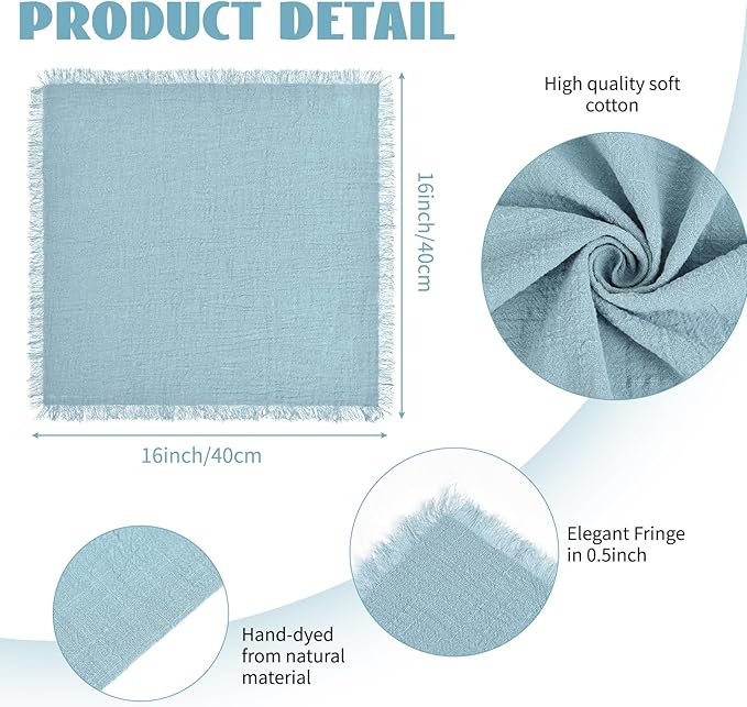 30 Packs Cotton Linen Napkins,Handmade Cloth Napkins Bulk with Fringe, Rustic Boho Napkins Cloth,Cloth Napkins for Romantic Wedding Party Event Dinner Birthday Table Decor(Dusty Blue,16 x 16 Inch)
