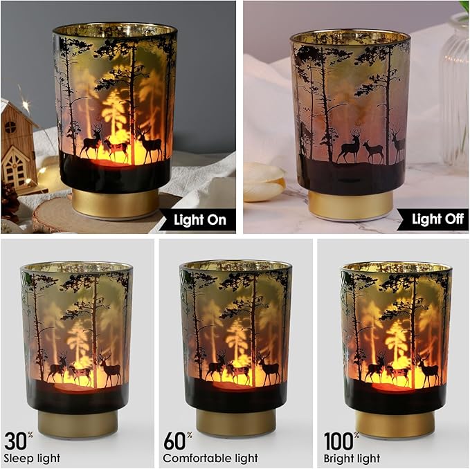 Eywamage Battery Operated Table Lamp with Remote, Forest Deer Cordless Glass Lamp for Bedroom Living Room Kitchen