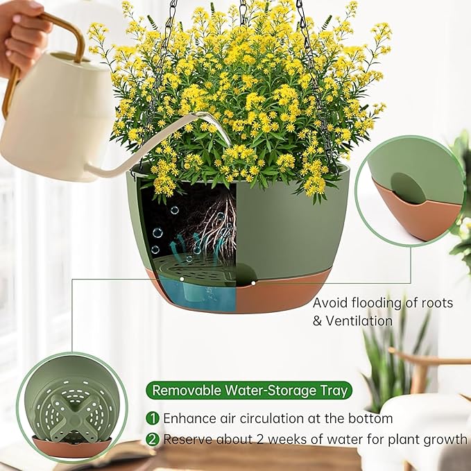 Set of 2 Hanging Planters for Indoor Outdoor Plants, 10 Inch Self-Watering Hanging Flower Pots with Drainage Hole & Removable Water-Storage Tray (Hooks)