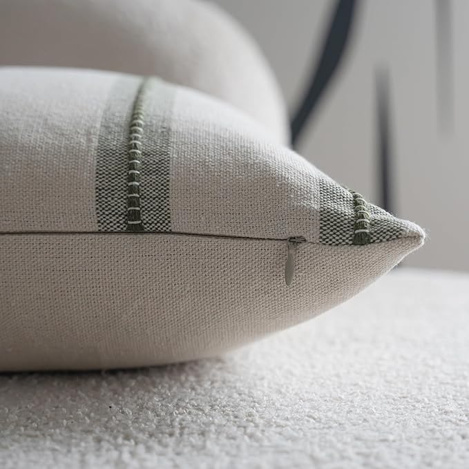 Cethom Boho Throw Pillow Covers 12x20 Set of 2, Olive Green Striped Decorative Pillow Cases for Couch Chair Bed, Textured Farmhouse Modern Accent Cushion Covers for Living Room Bedroom Sofa Home Decor