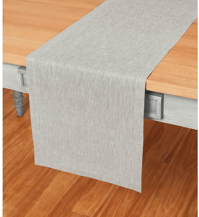 Solino Home Linen Short Table Runner 36 Inches - Athena, 100% Pure Linen Oyster Grey Table Runner 14 x 36 Inch Ideal for Dresser and Coffee Tables - Summer