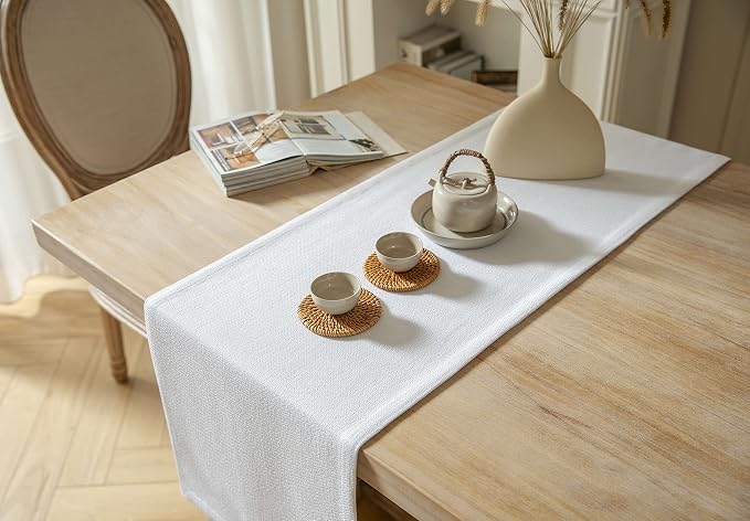 ZeeMart Burlap Style Farmhouse Table Runners 108 Inches Long, White Rustic Woven Dining Table Runner for Everyday Use, 14x108 Inches, White