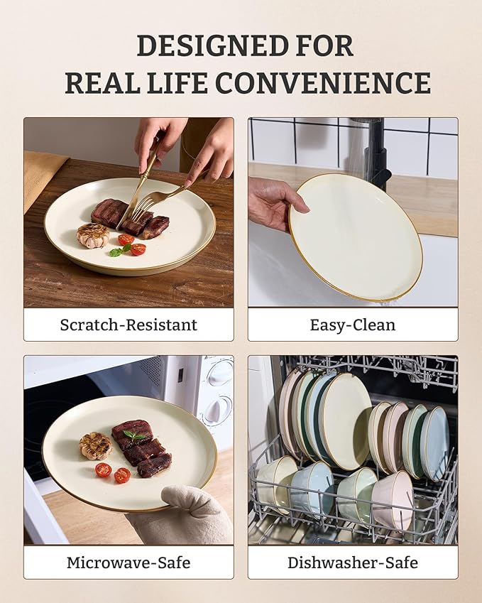 Famiware Saturn Dinnerware Sets, Plates and Bowls Sets for 4, 12 Pieces Stoneware Dish Set - Chip and Scratch Resistant, Microwave and Dishwasher Safe Tableware Set, Vanilla White with Rim