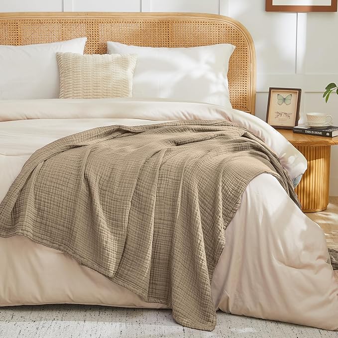 EMME Cotton Muslin King Blanket Bed Layering Bedspread Coverlet Breathable Gauze Soft Lightweight (Tan, 108"x90")