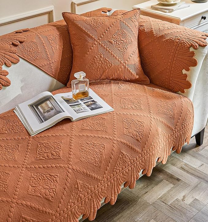 vctops Neutral Cotton Quilted Couch Sofa Cover Floral Embroidery Non-Slip Sectional Couch Covers Soft Cozy Sofa Slipcover for Dogs Cats Pet Armrest Backrest Cover (Brown Orange,43"x63")