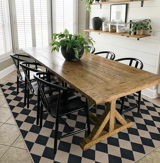 Rugalia Easy Jute Black Checkered 8x10 Area Rug, Washable Modern Outdoor Rug for Patio Non-Slip Diamond Rugs for Living Room, Neutral Farmhouse Floor Carpet for Bedroom Dining Room Classroom